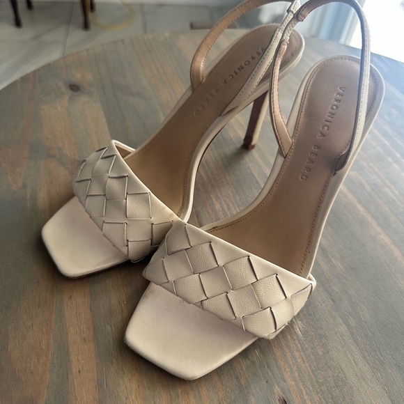 Veronica Beard Shoes - Veronica Beard Beige Woven Strap Augustina Heels
